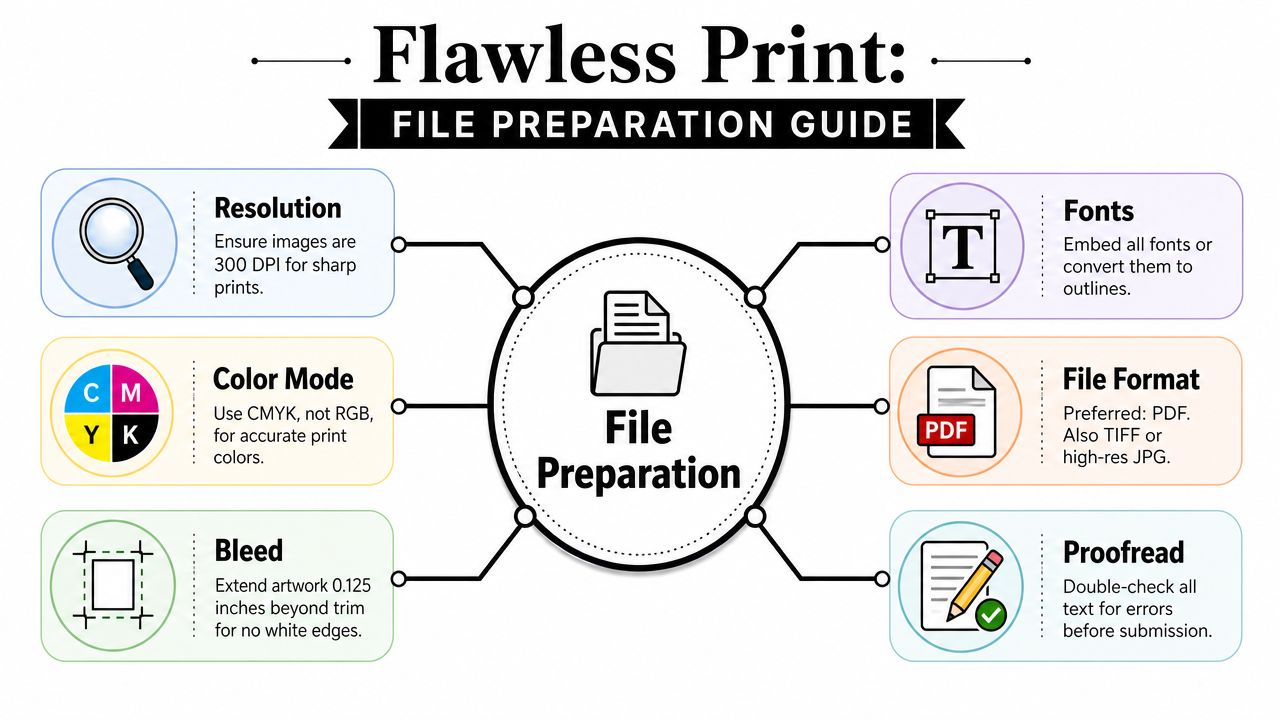 An infographic titled Flawless Print outlining essential file preparation tips for high-quality printing projects.