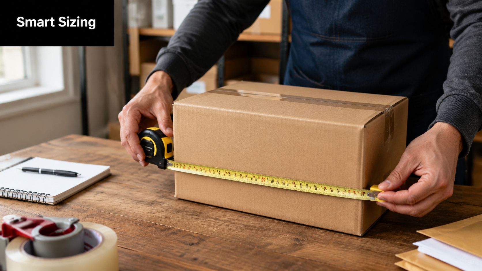 A person in an apron measures a cardboard shipping box with a yellow measuring tape on a wooden table.