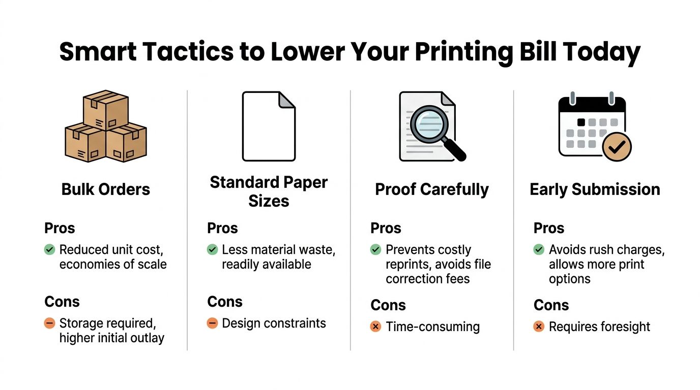 An infographic titled Smart Tactics to Lower Your Printing Bill showing bulk orders, standard sizes, proofing, and submission.