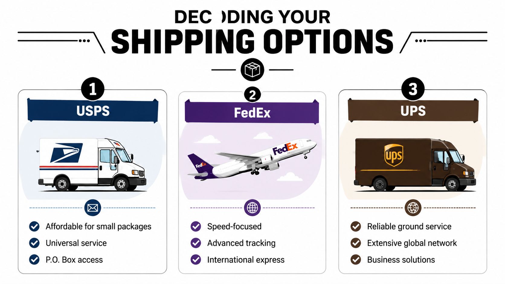 A comparison infographic showing three major shipping carriers: USPS, FedEx, and UPS with their key advantages.