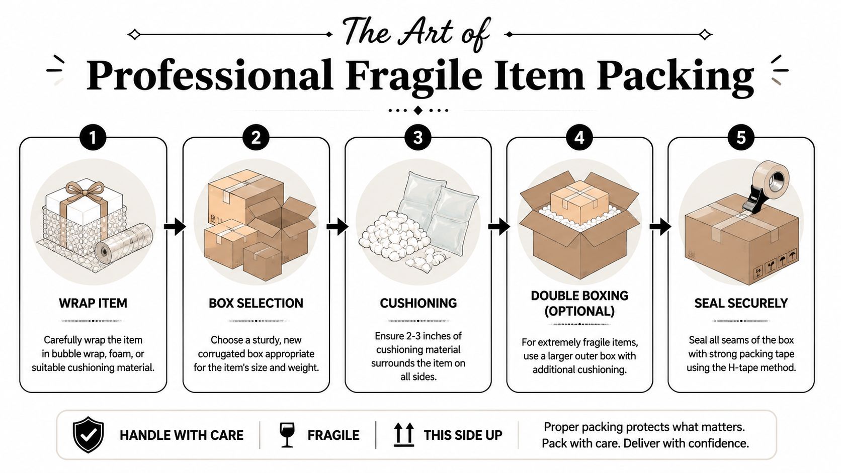An infographic detailing five professional steps for securely packing fragile items for shipping and delivery.