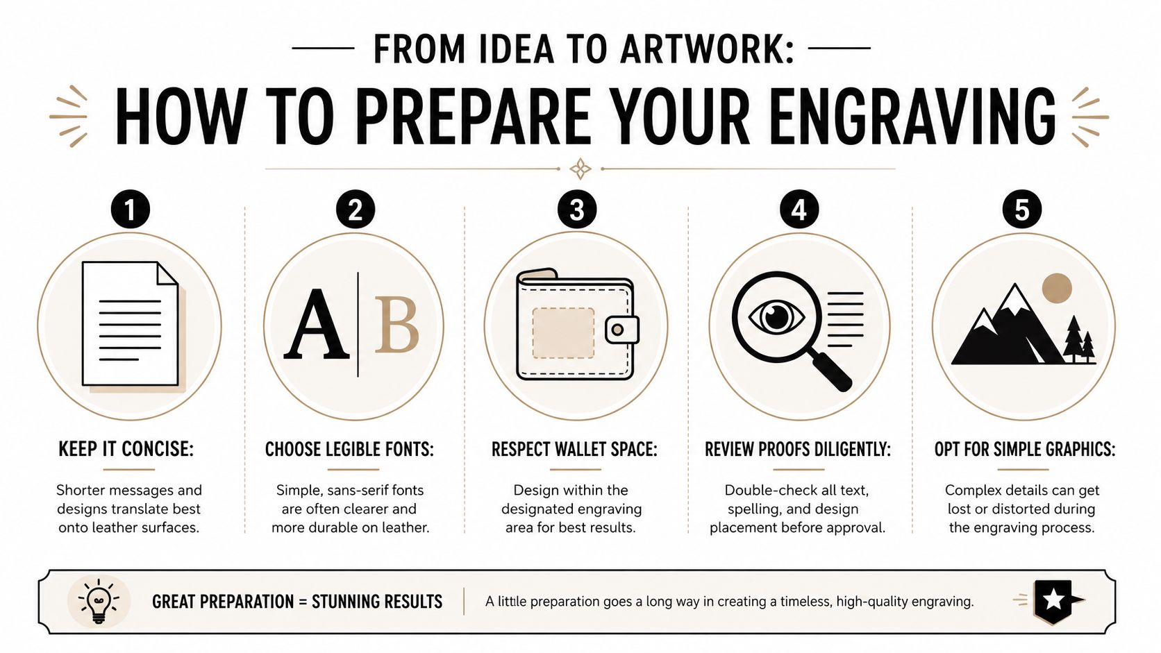 An infographic titled From Idea to Artwork showing five tips for preparing personalized leather engraving designs.