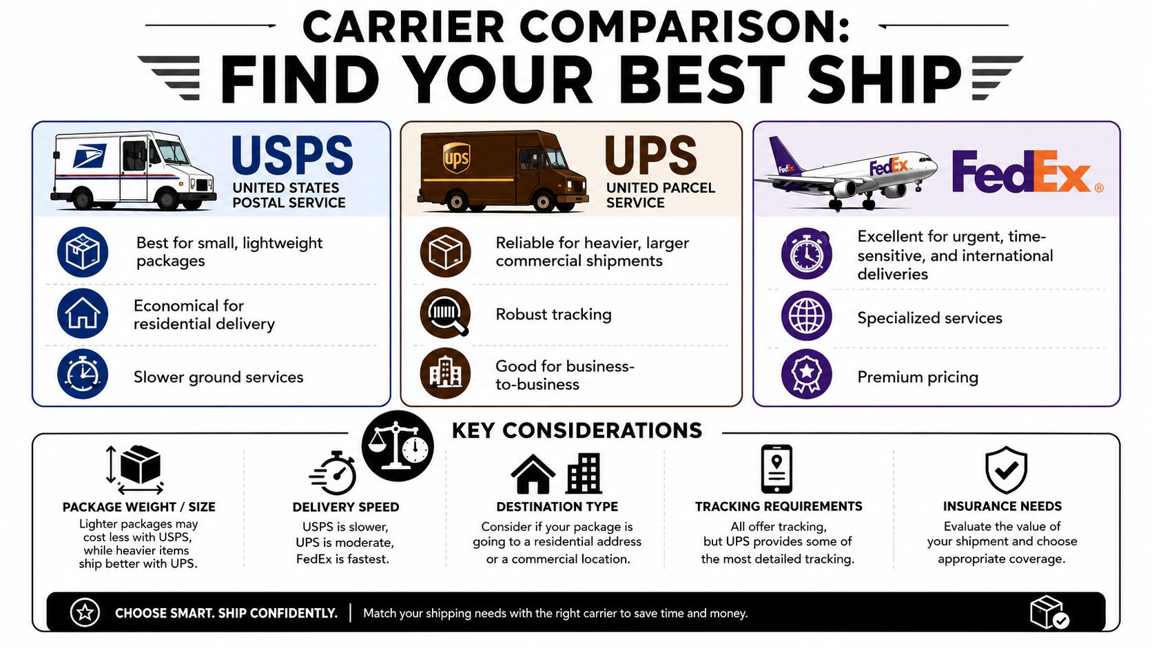 A comparison chart outlining the pros and cons of using USPS, UPS, and FedEx for shipping packages.
