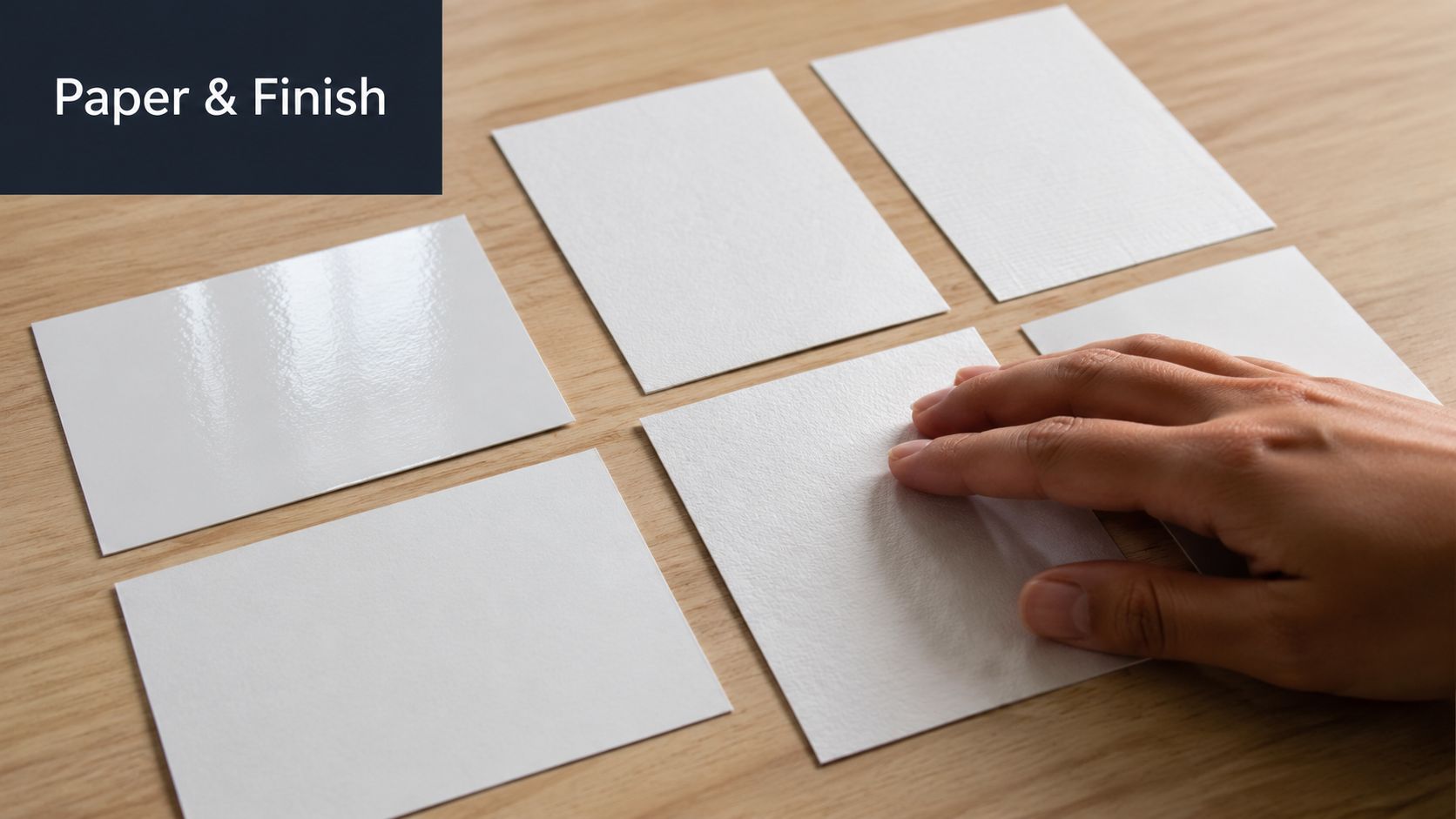A hand touching a textured white card displayed alongside several other blank paper samples on a table.