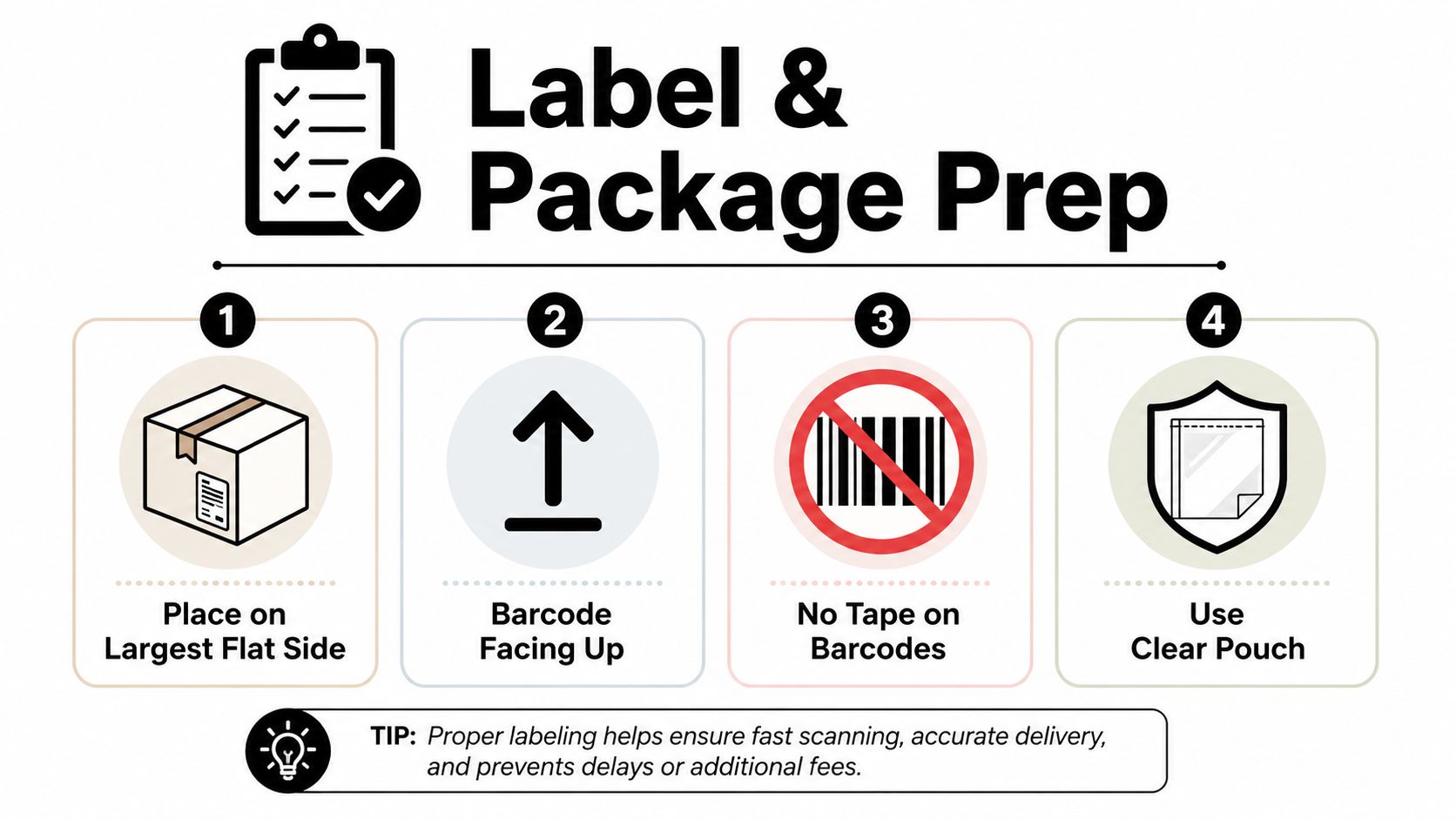 A four-step infographic providing instructions on how to correctly apply shipping labels to packages.