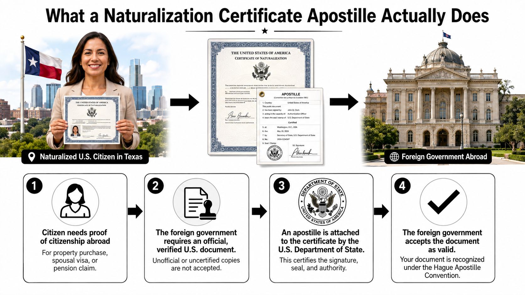 A diagram explaining the process of obtaining an apostille for a U.S. naturalization certificate for international use.
