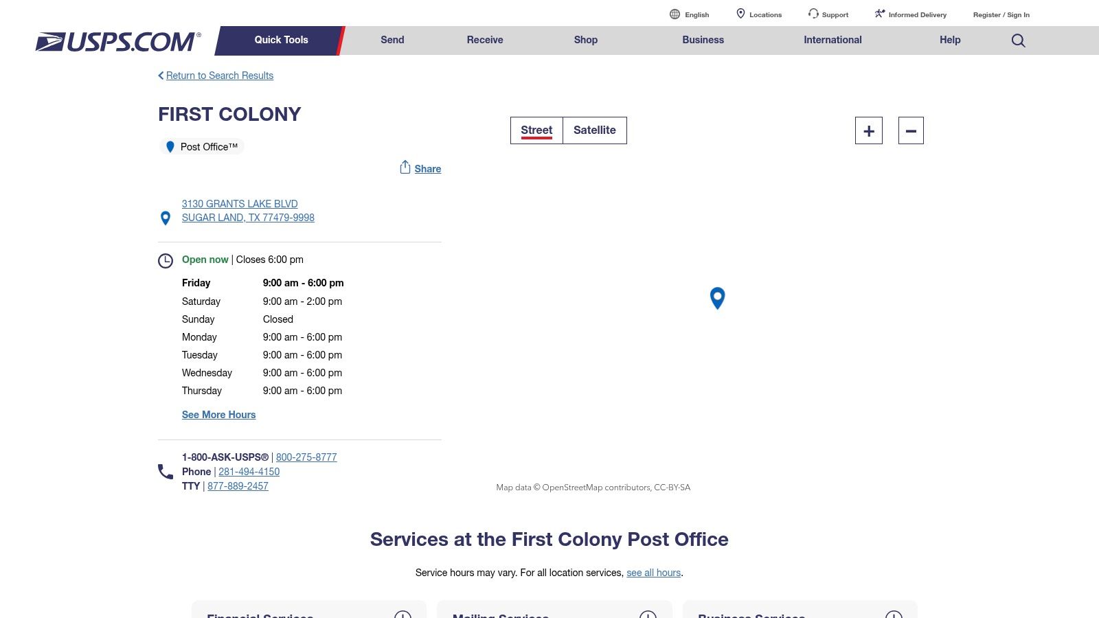 USPS – First Colony Post Office, 3130 Grants Lake Blvd, Sugar Land
