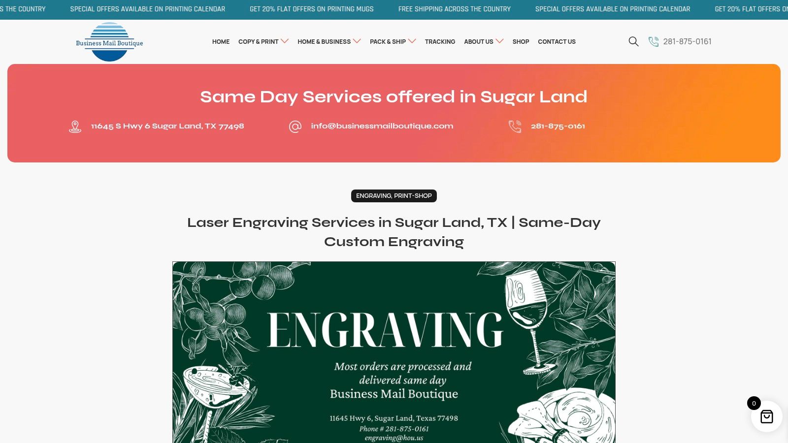 Screenshot from https://www.businessmailboutique.com/engraving-sugar-land/