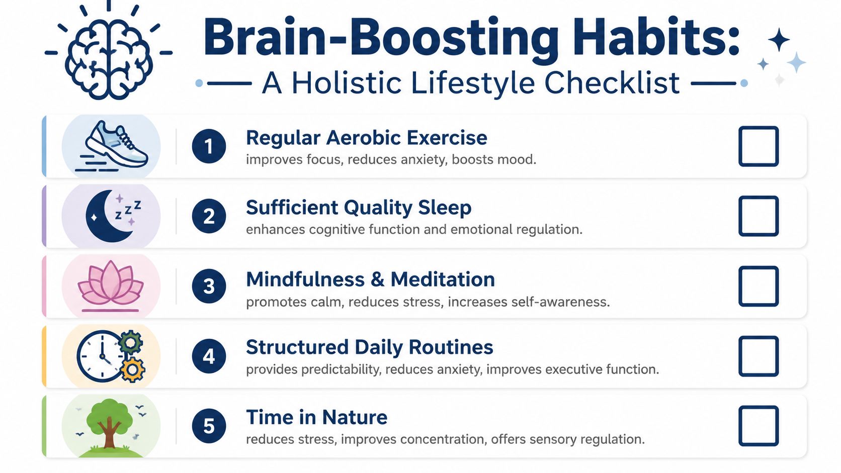 A checklist of five brain-boosting habits including exercise, sleep, meditation, daily routines, and nature time.