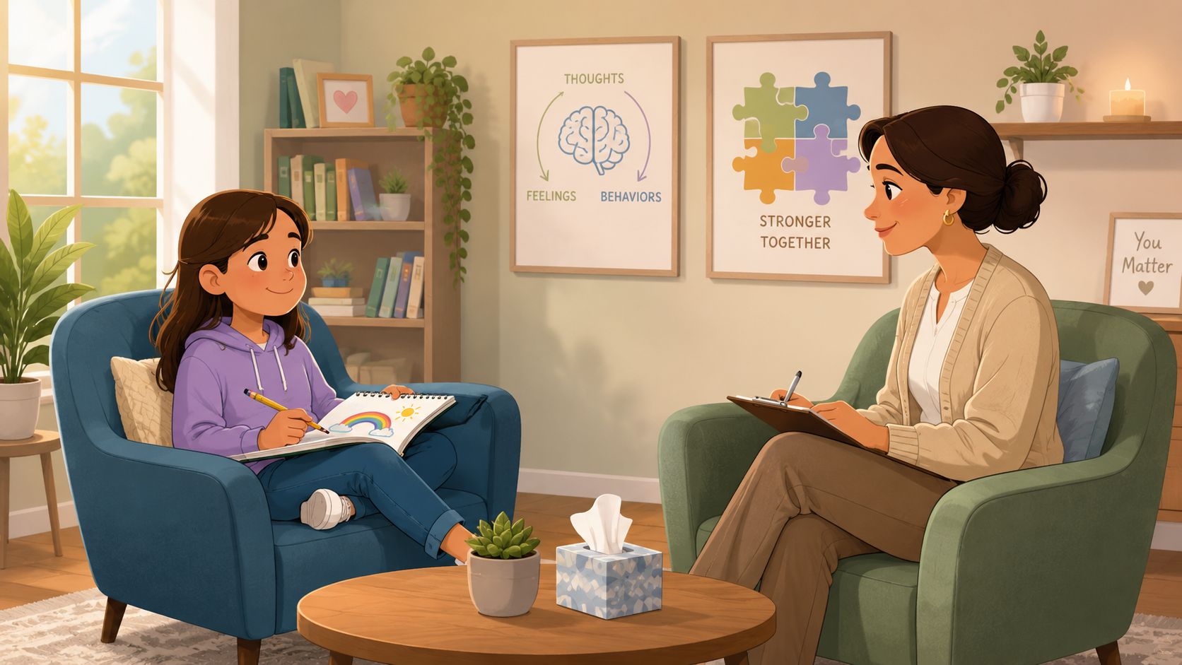 A young girl talking to a therapist while drawing in a notebook during a counseling session.