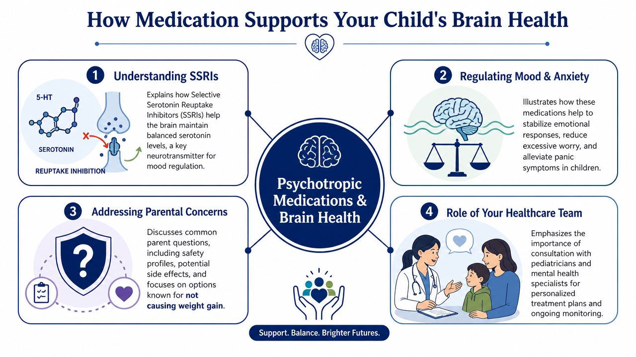 An infographic explaining how SSRI medications support child brain health, mood regulation, and mental wellness management.