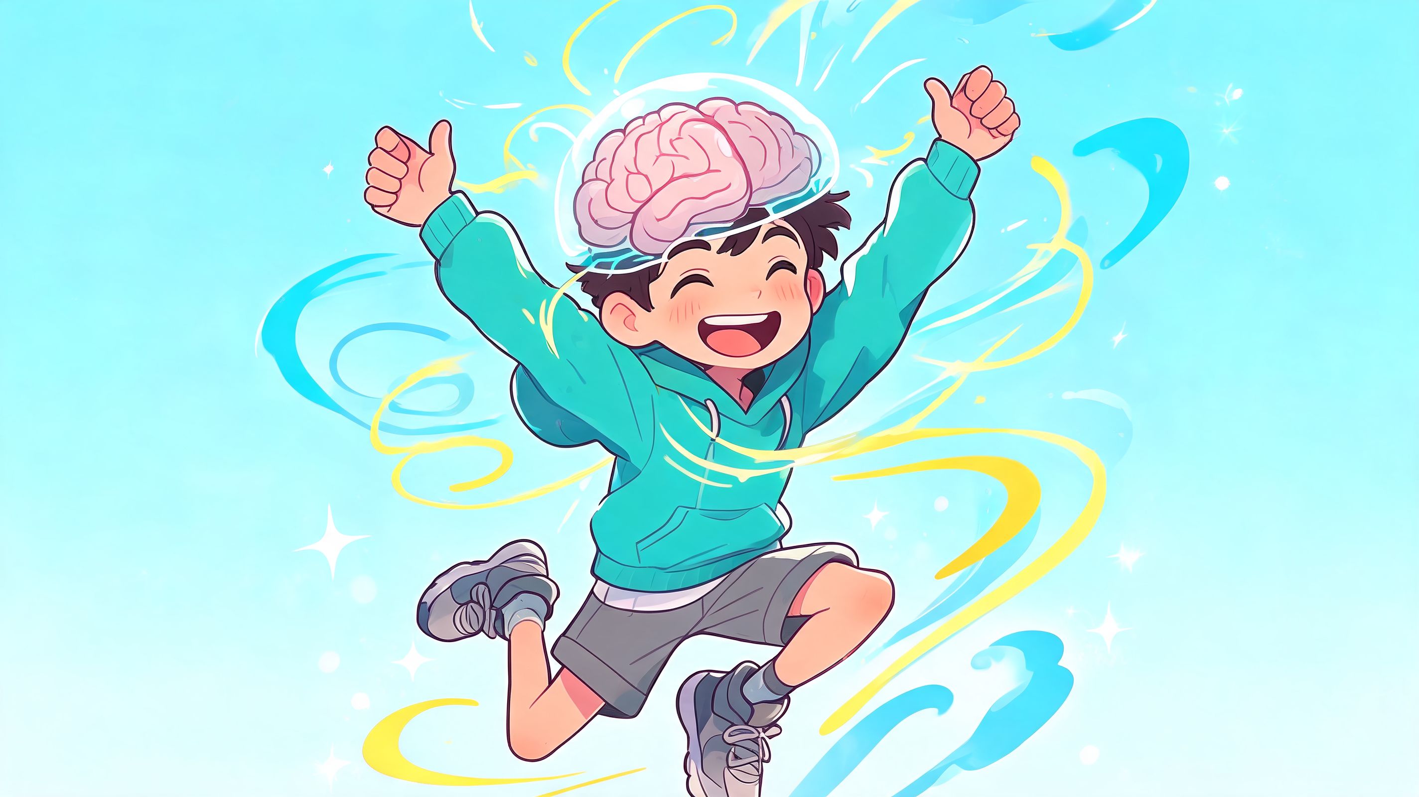 A happy cartoon boy jumping in the air with a glowing brain floating above his head.