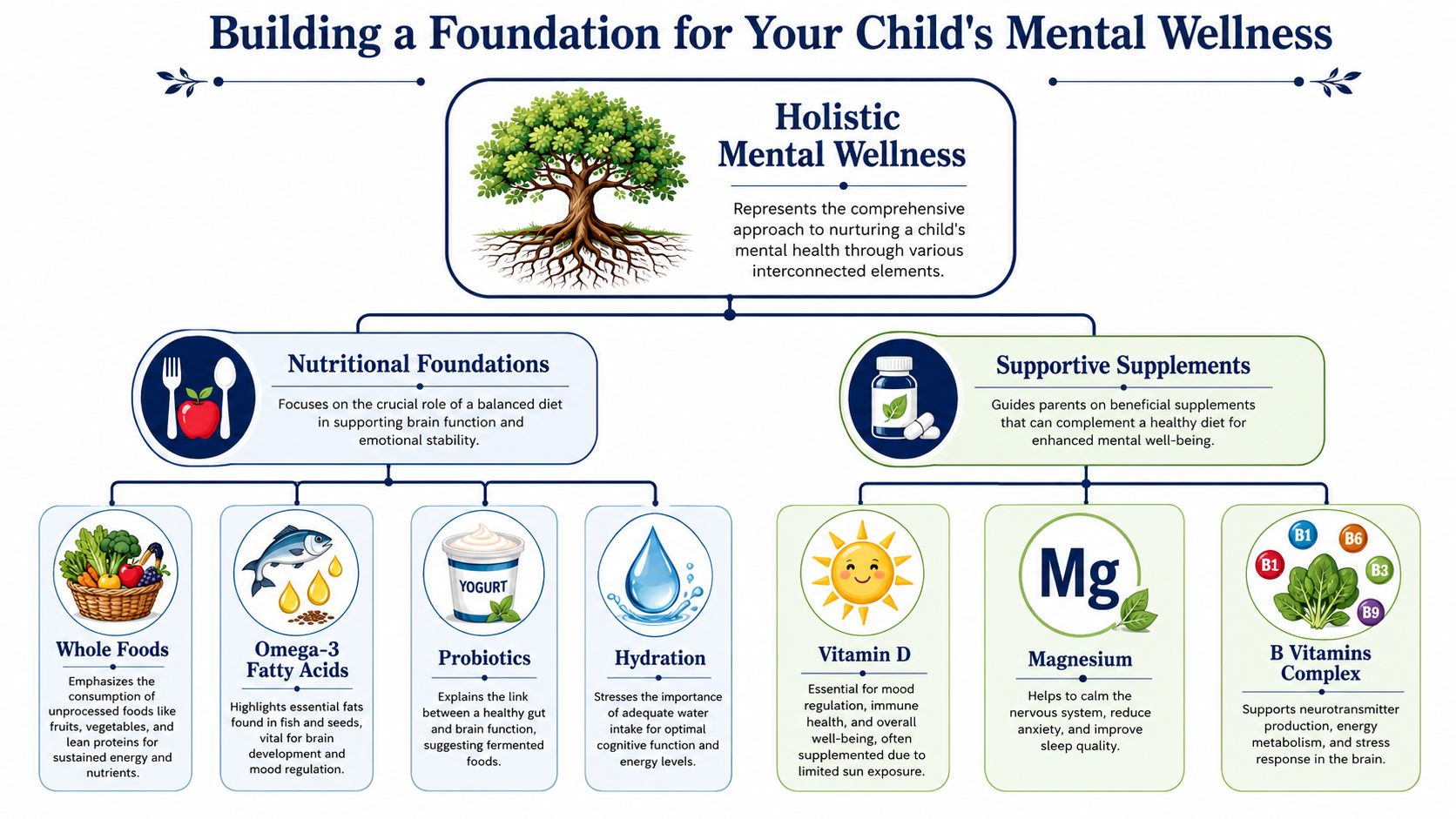 An infographic titled Building a Foundation for Your Child's Mental Wellness, outlining nutrition and supplements for kids.