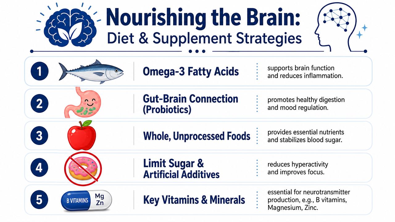 An infographic titled Nourishing the Brain outlining five nutritional strategies for brain health and cognitive function.