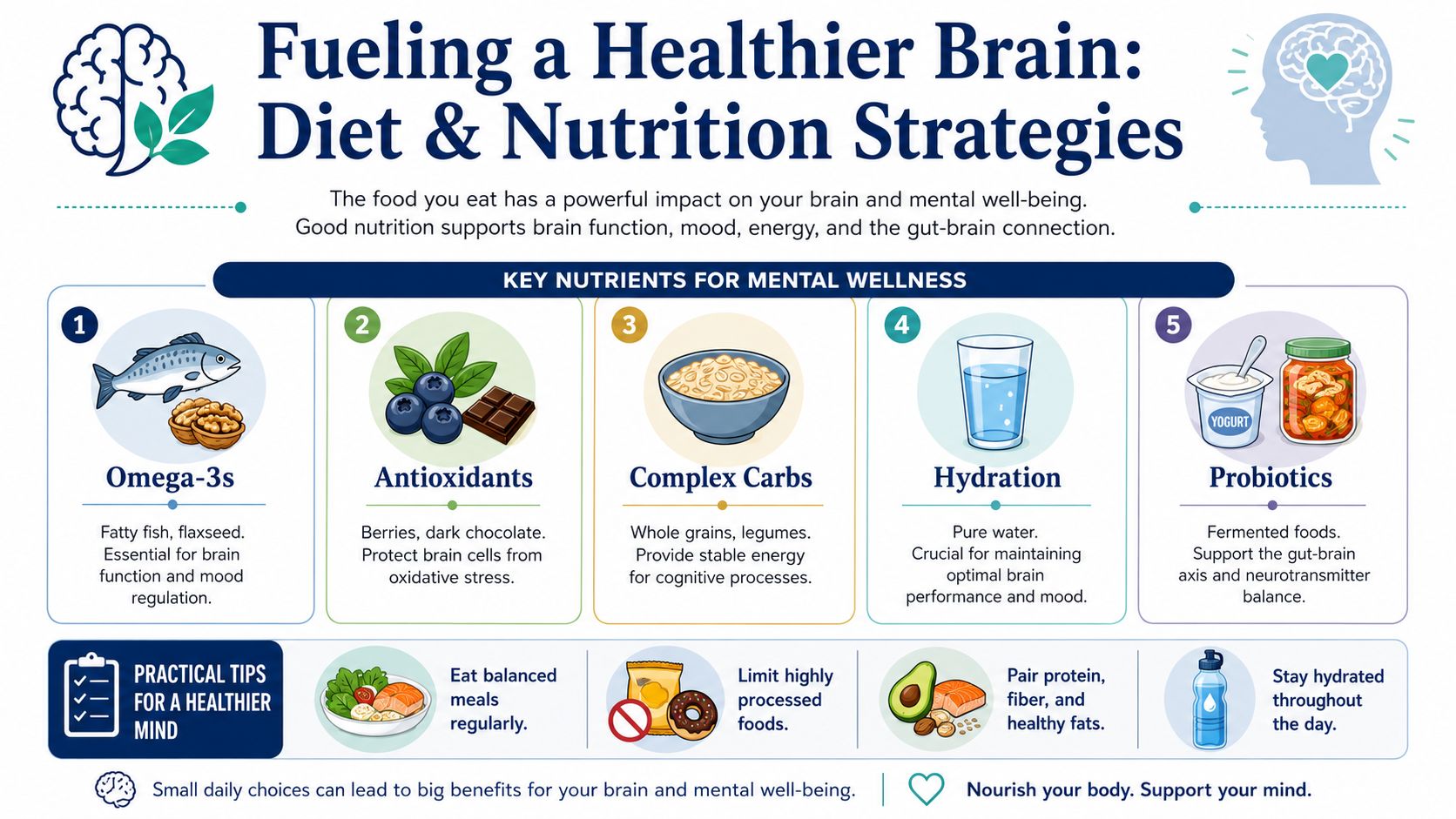 An infographic titled Fueling a Healthier Brain highlighting key nutrients like Omega-3s, antioxidants, and probiotics for mental wellness.