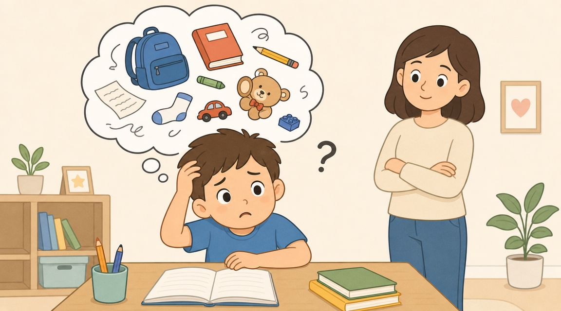 A confused young boy sitting at a desk with a thought bubble filled with scattered items.