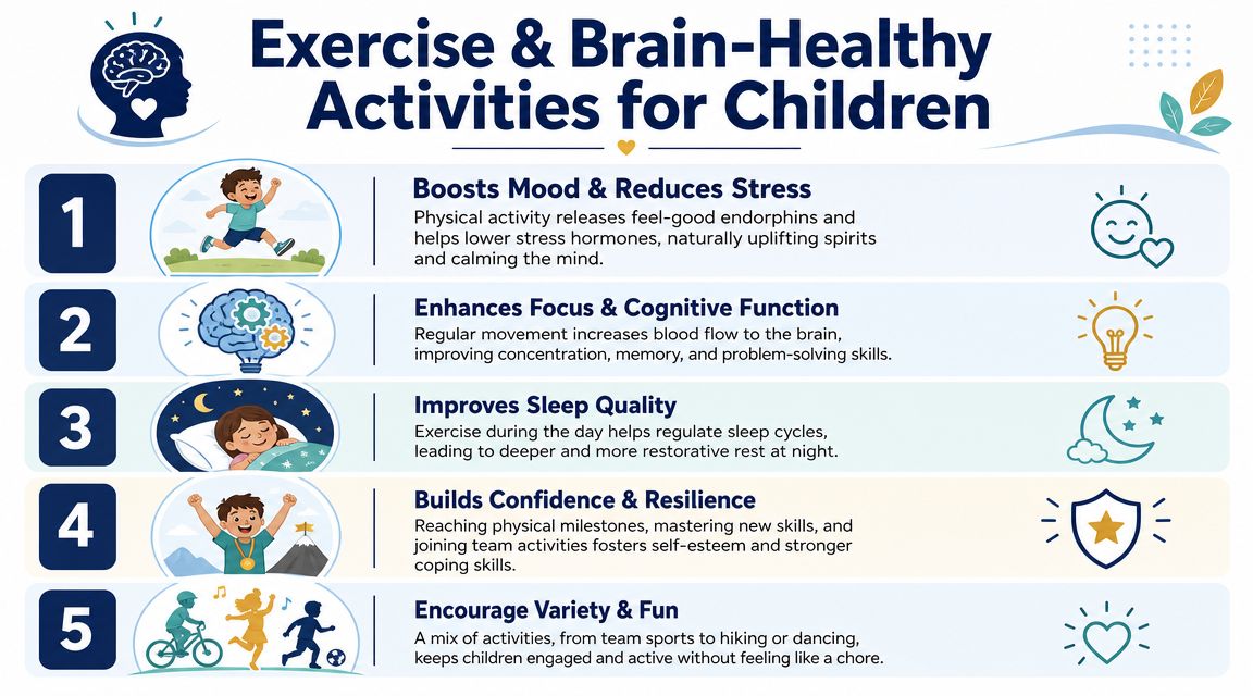 An infographic showing five benefits of exercise for children, including better mood, focus, sleep, and confidence.