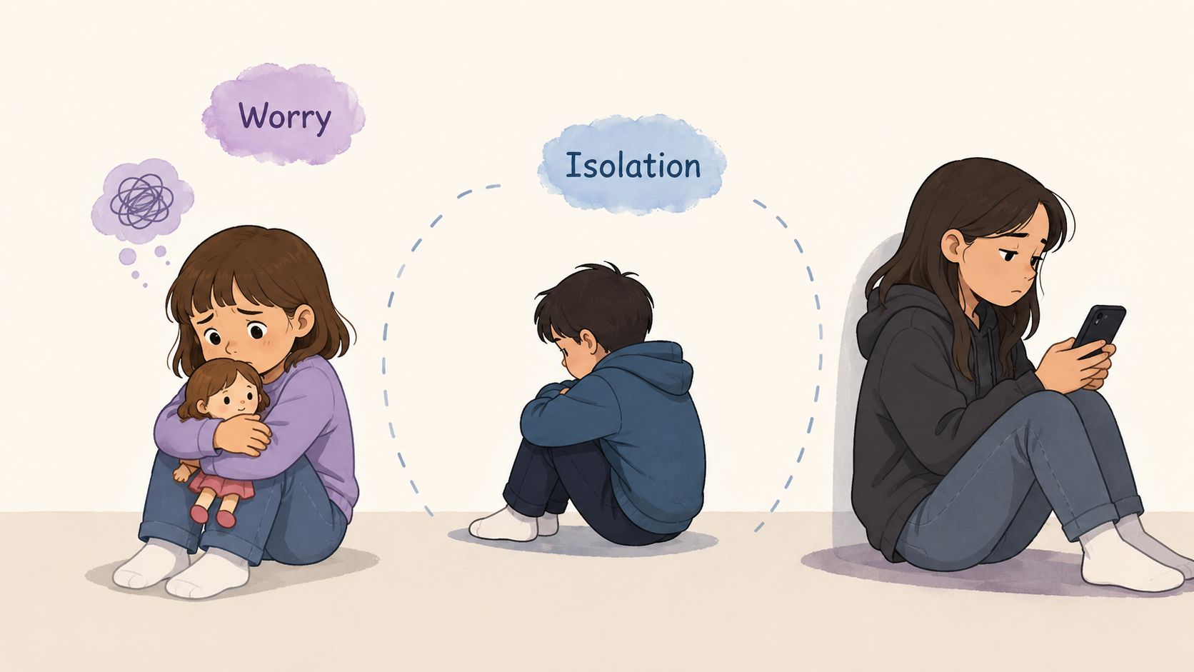 A digital illustration showing three children sitting alone, representing themes of worry and emotional isolation.