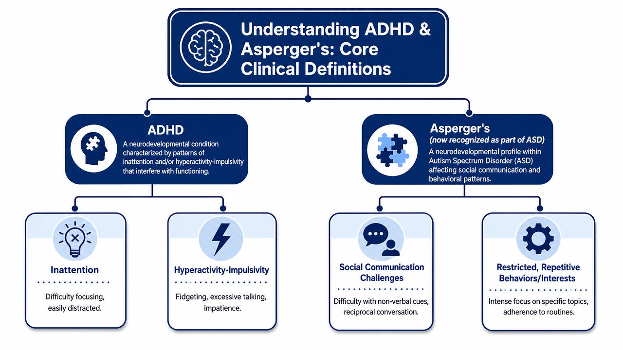 An infographic diagram outlining the core clinical definitions and symptoms of ADHD and Asperger's syndrome.