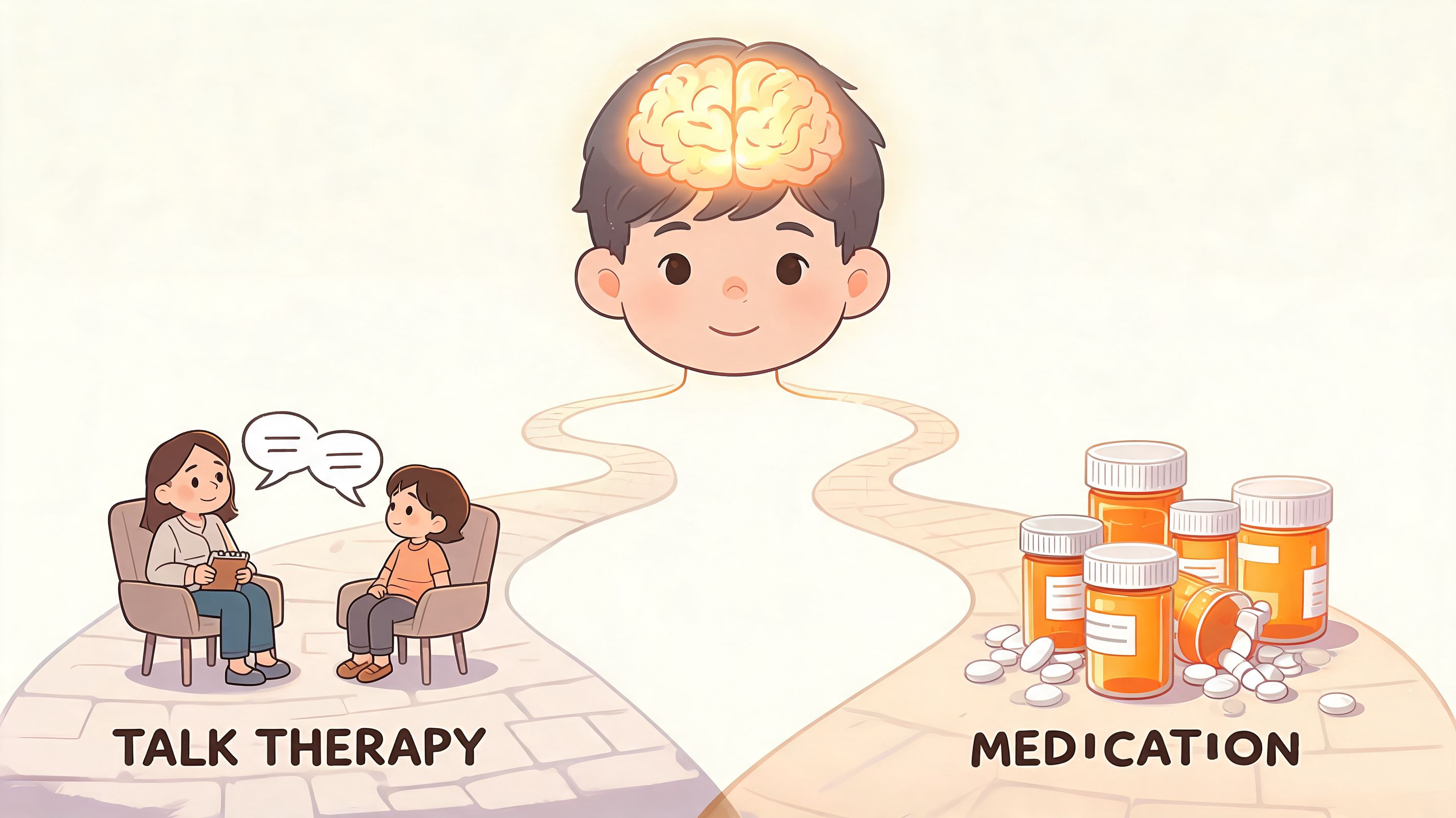 A conceptual illustration showing a child choosing between talk therapy and medication for mental health treatment.