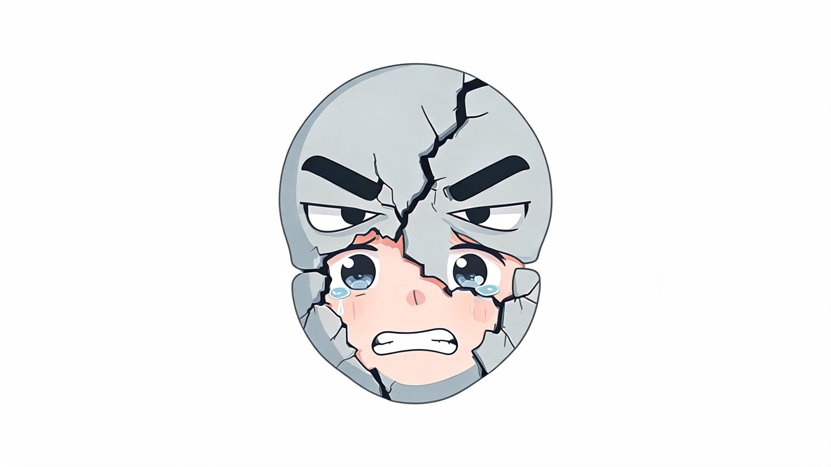 A cracked gray stone mask revealing a crying anime-style character's face expressing hidden sadness and anger.