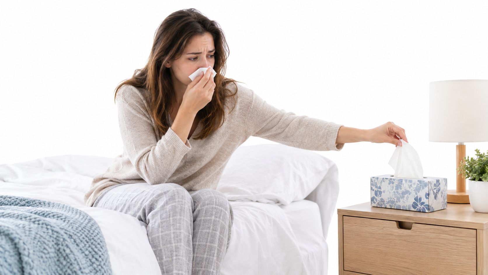 A woman with nasal congestion sitting on a bed and reaching for a tissue from a box.