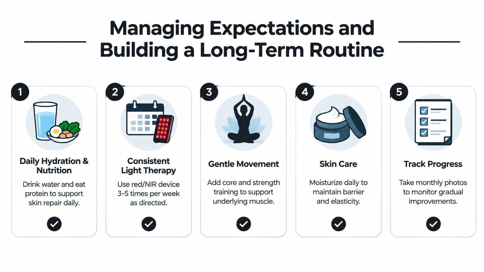 An infographic titled Managing Expectations and Building a Long-Term Routine with five numbered steps for healthy skin.