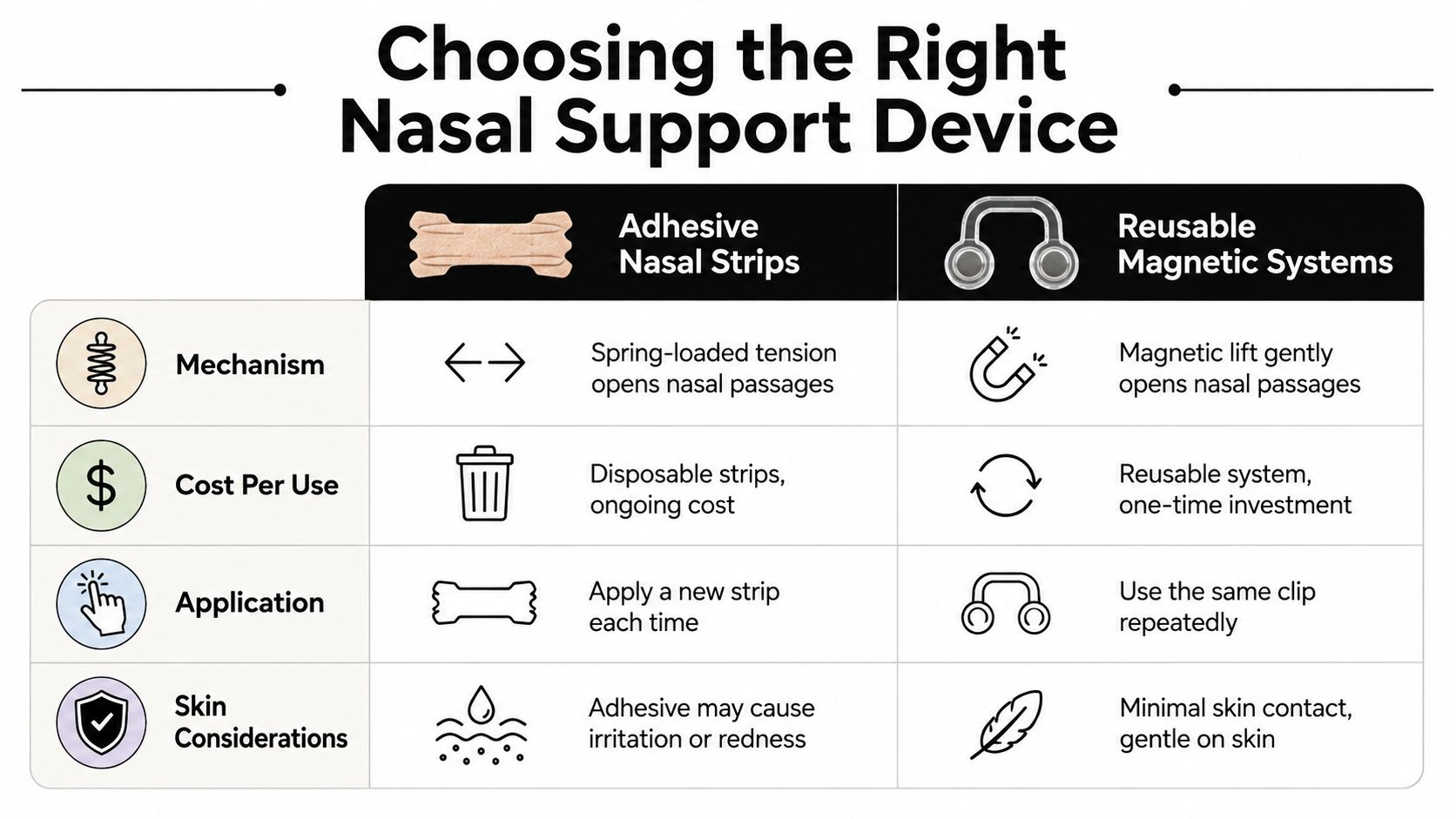 Una tabella comparativa che mostra le differenze tra le strisce nasali adesive monouso e i sistemi nasali magnetici riutilizzabili per la congestione.