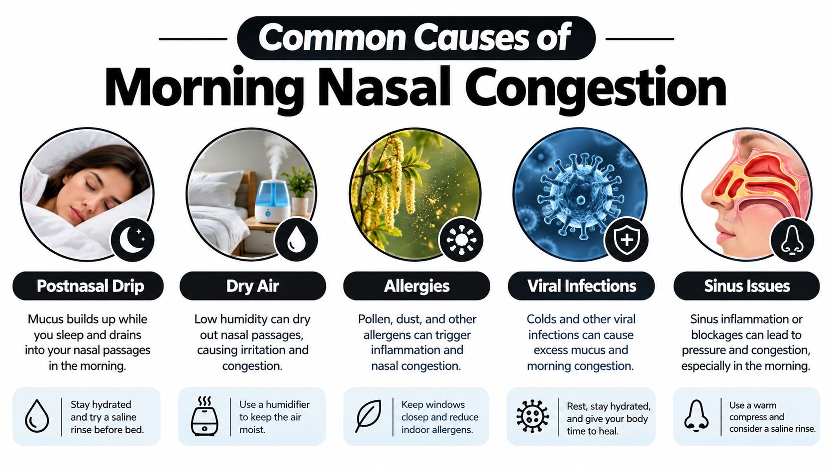 An infographic illustrating five common causes of morning nasal congestion, including helpful tips for each condition.