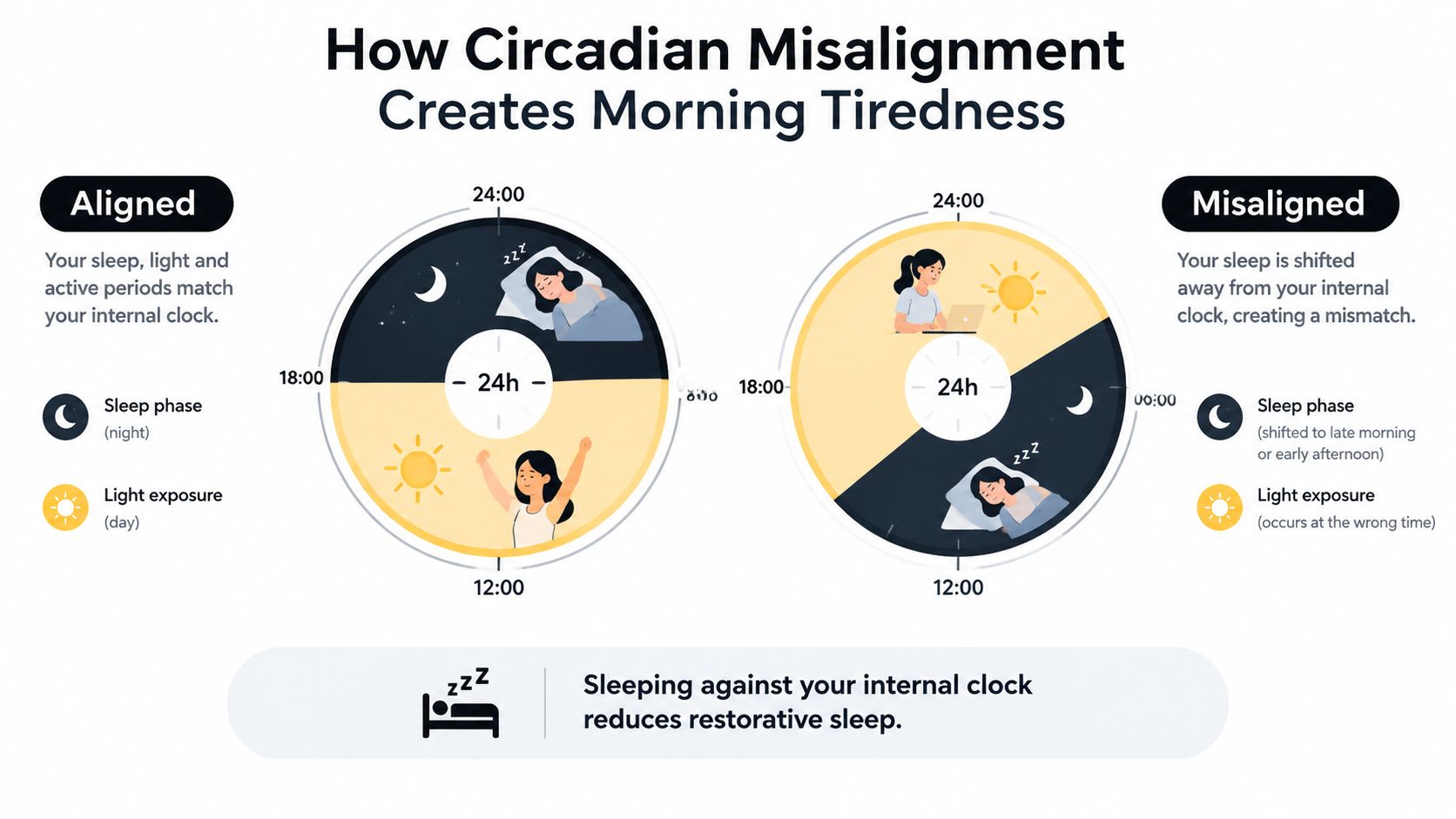 An infographic showing how circadian misalignment between sleep patterns and light exposure leads to morning tiredness.