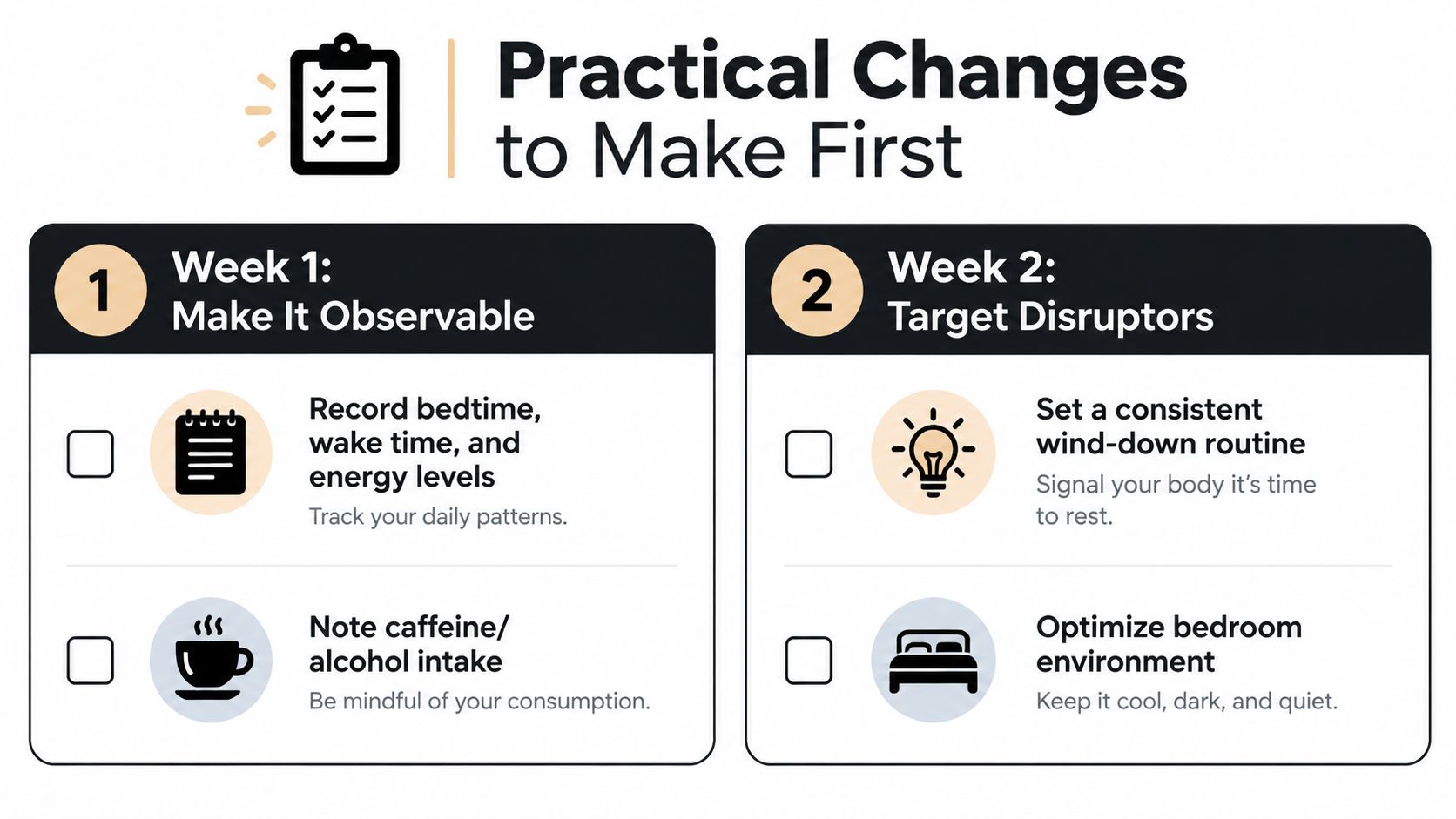 A checklist infographic titled Practical Changes to Make First, outlining a two-week sleep improvement plan.