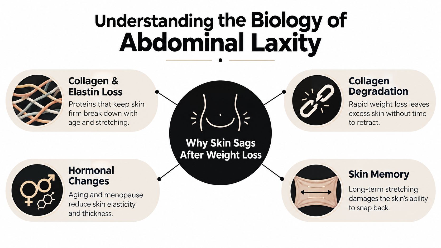 An infographic titled Understanding the Biology of Abdominal Laxity explaining why skin sags after weight loss.