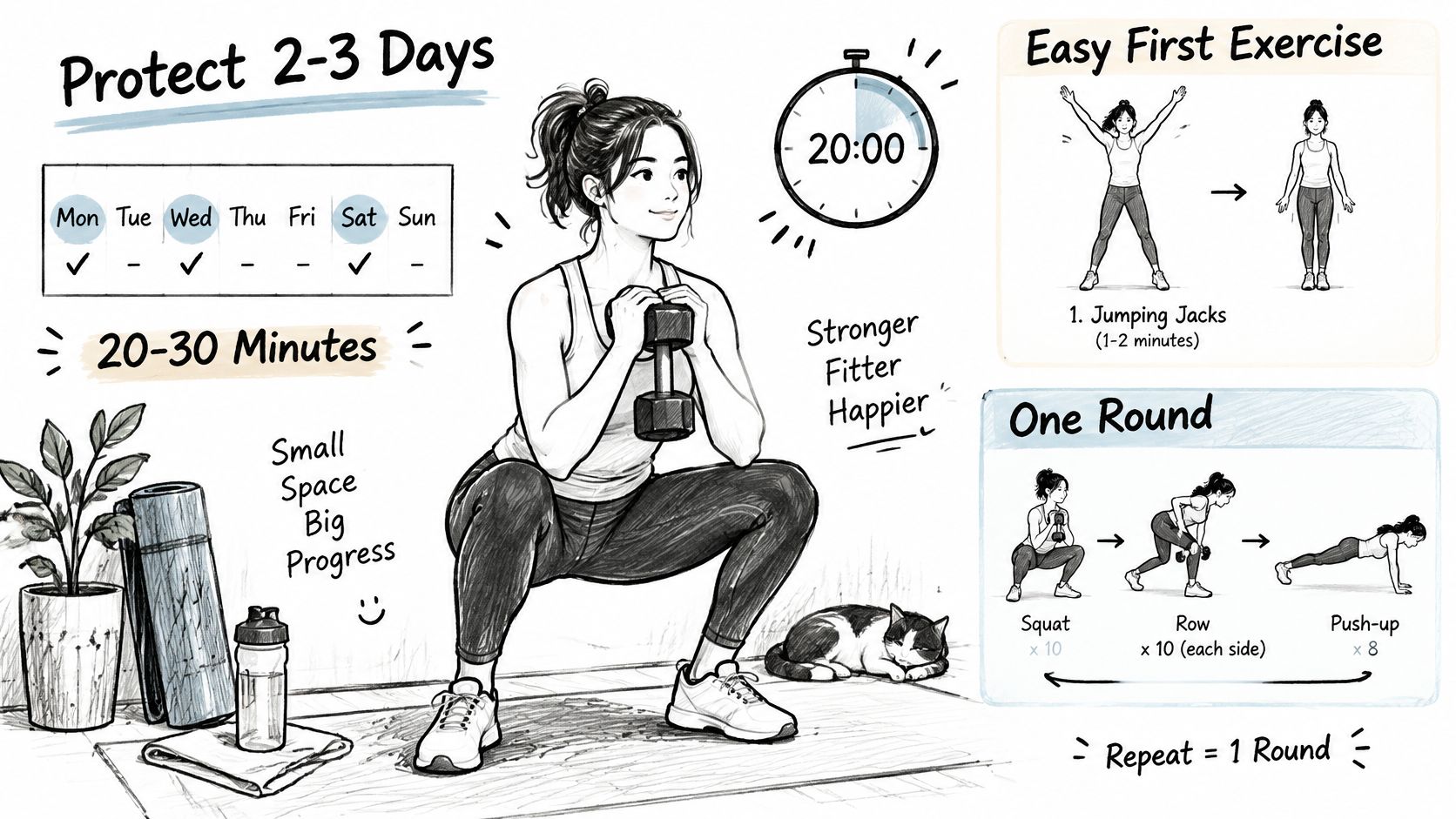 A woman performing a dumbbell squat in a home workout setting with exercise routine illustrations.