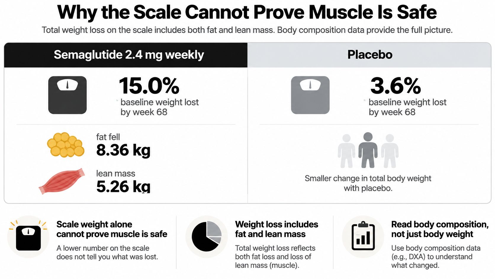 An infographic comparing fat and lean muscle mass loss between Semaglutide treatment and a placebo group.