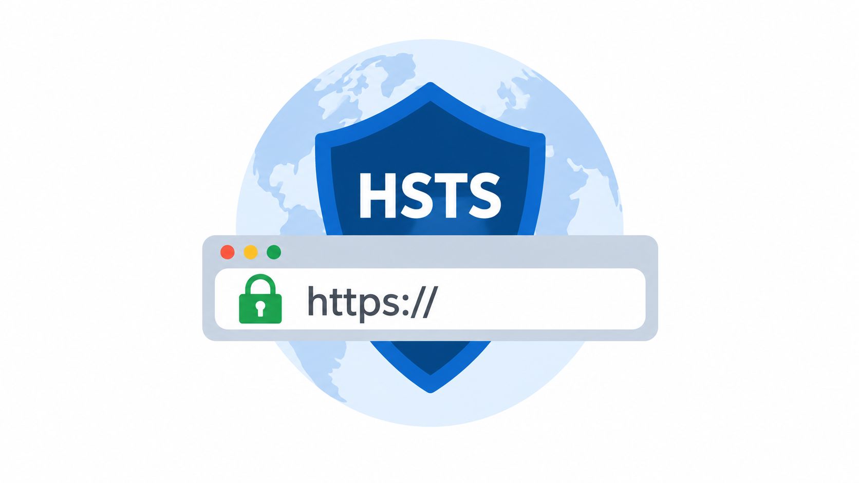 A digital illustration showing a shield with HSTS text behind a browser address bar showing https.