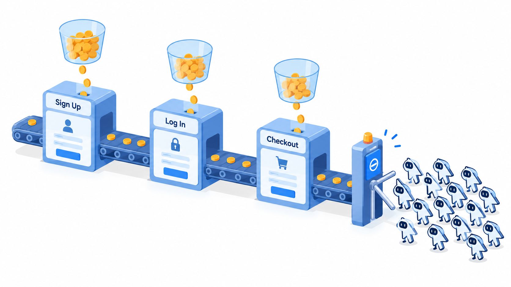 An illustration showing a conveyor belt system representing the token bucket algorithm filtering bot traffic.