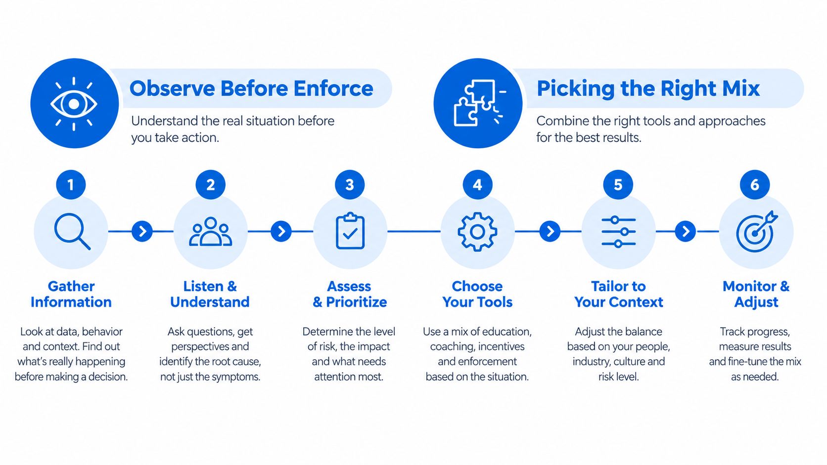 A six-step infographic illustrating a process for observing, assessing, choosing tools, and monitoring organizational performance improvements.