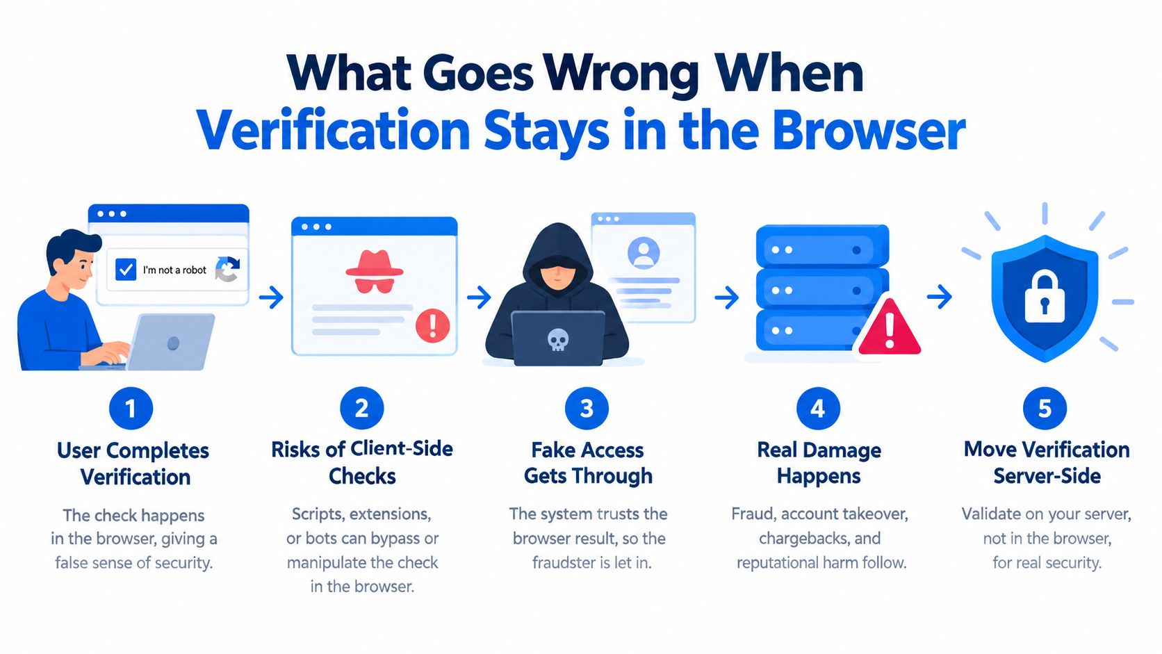 An infographic showing the risks of client-side verification and the importance of moving security to the server.
