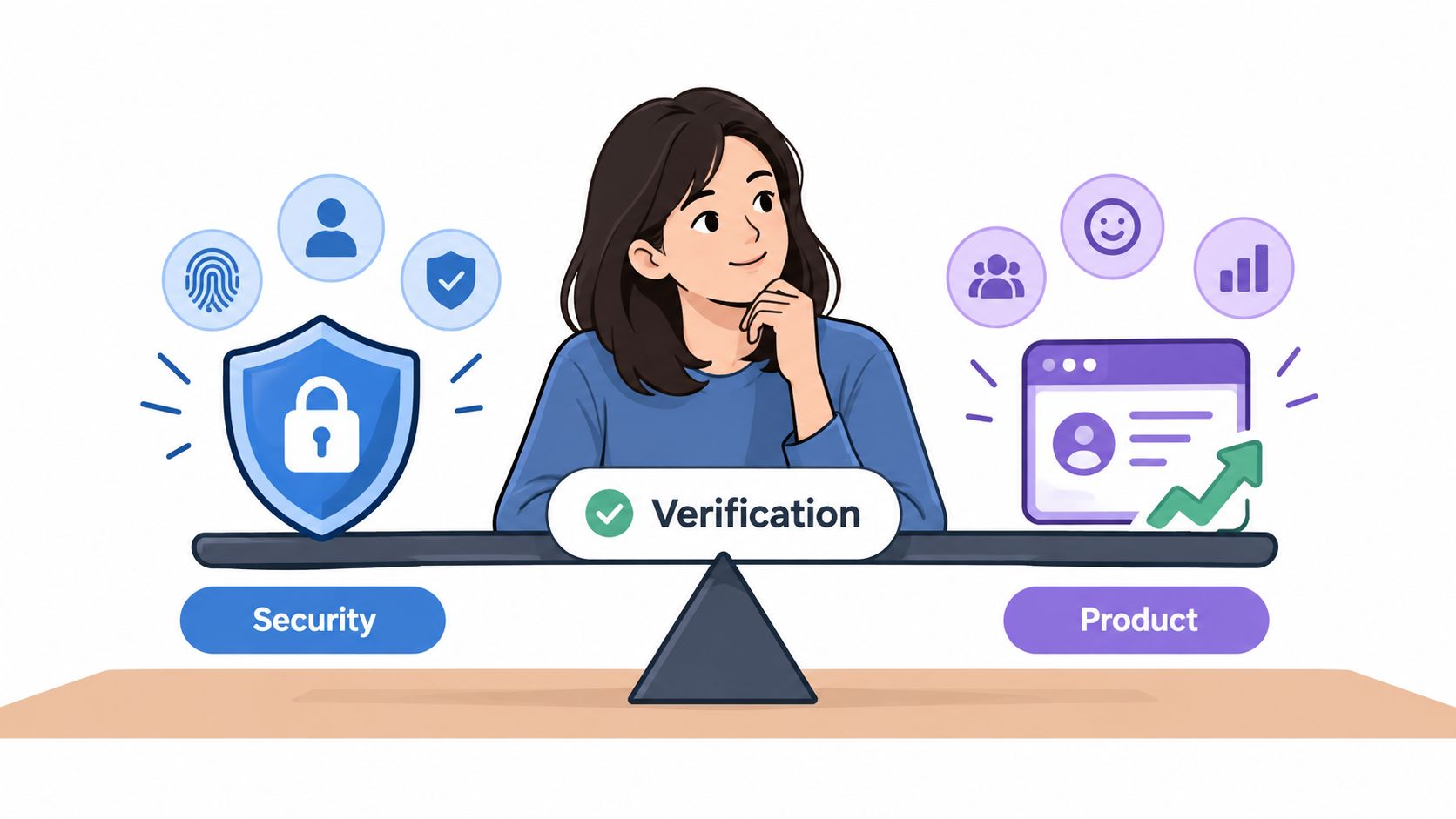 A thoughtful woman balancing security and product considerations with a verification process icon on a scale.