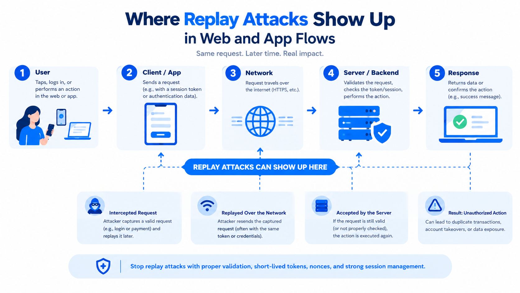 An infographic illustrating how replay attacks occur within web and app communication flows between users and servers.