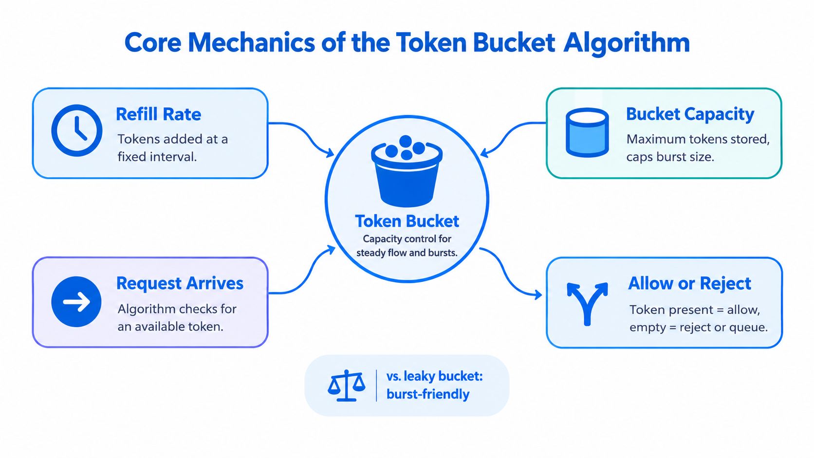 A diagram explaining the Token Bucket algorithm, showing components like refill rate, bucket capacity, and request handling.