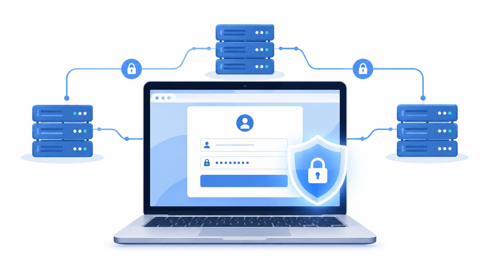 A laptop screen displaying a login portal with a security shield icon, surrounded by connected server towers.