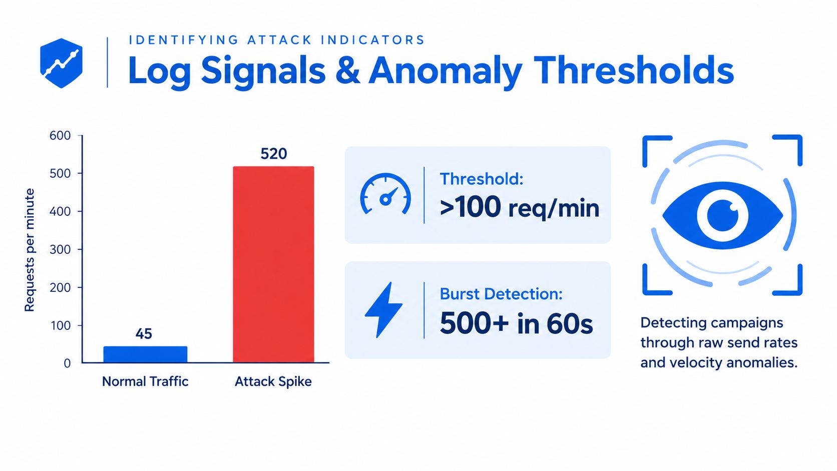A chart showing normal web traffic compared to an attack spike with defined anomaly detection thresholds.