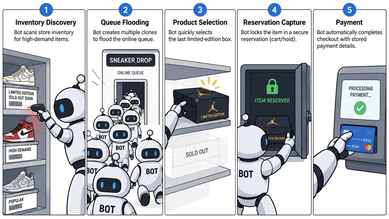 An infographic showing five steps of how a scalper bot automates purchasing limited edition sneakers online.