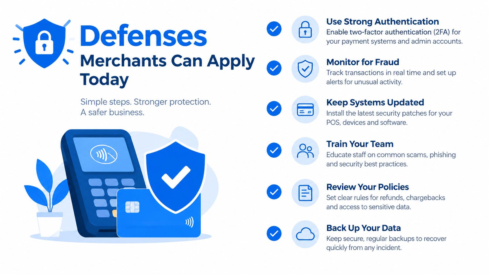 An infographic detailing six essential cybersecurity defense strategies for merchants to protect their payment systems.
