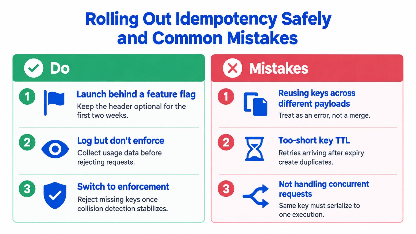 A guide illustrating the best practices and common pitfalls when implementing idempotency keys in software development.