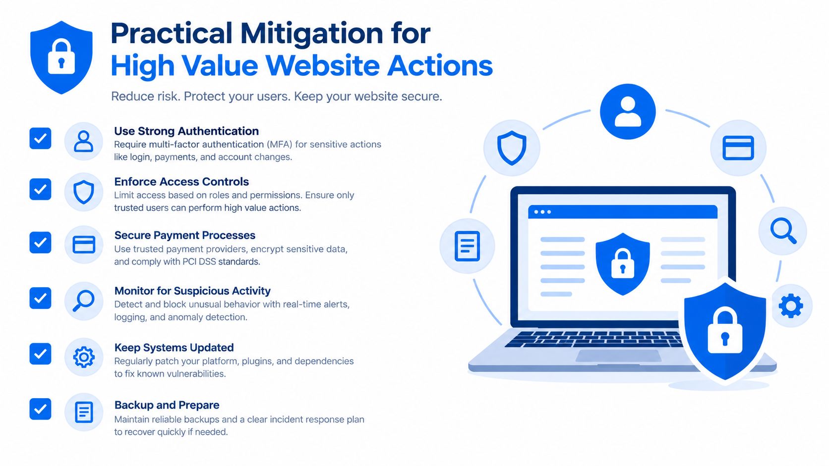 An infographic detailing six practical mitigation strategies to secure high value website actions and prevent cyber threats.