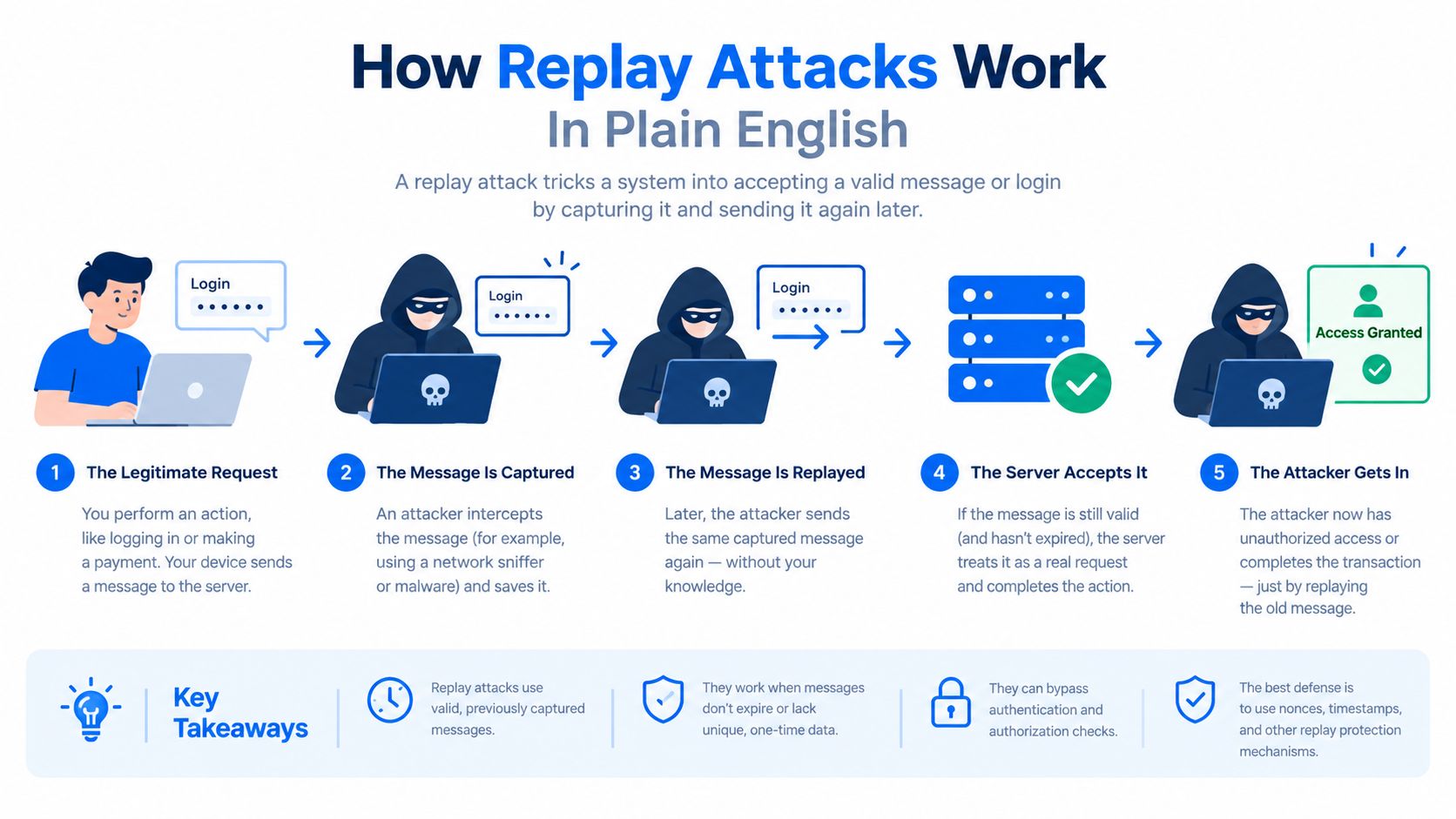 A diagram illustrating the five-step process of a cyber security replay attack against a server.
