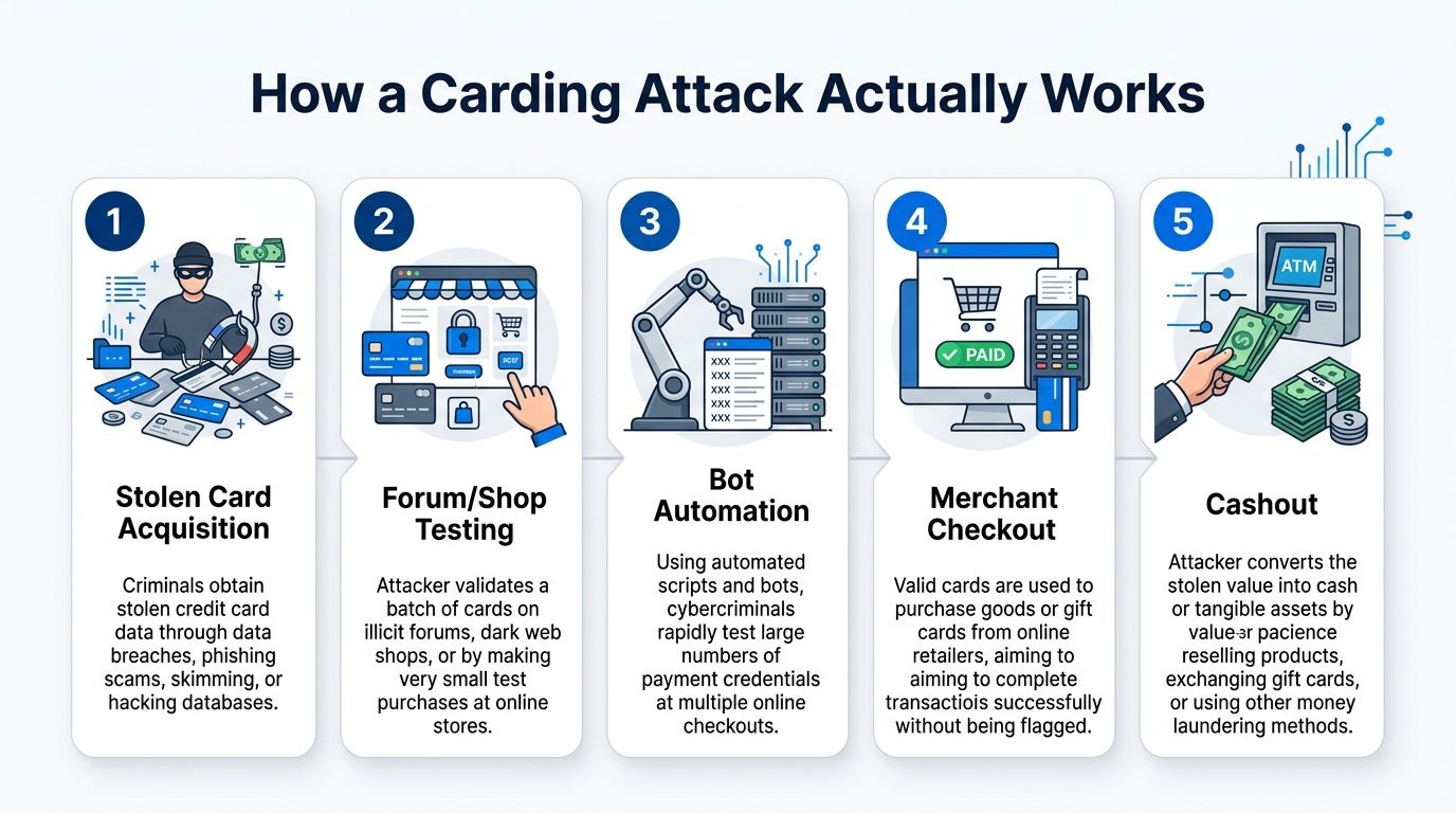 A 5-step infographic illustrating the lifecycle of a carding attack from data theft to final cashout.