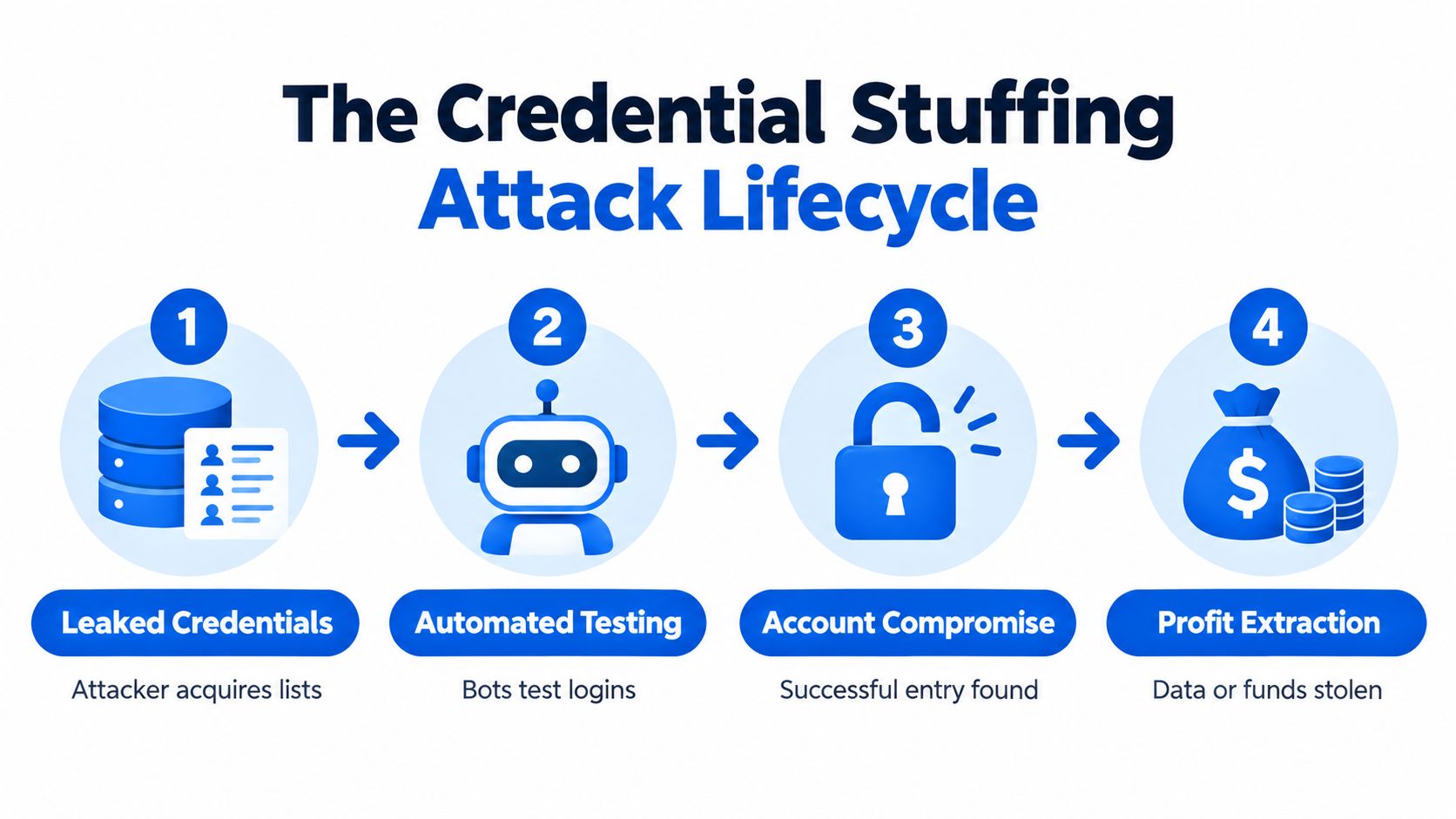 A diagram illustrating the four steps of a credential stuffing attack cycle from acquisition to profit extraction.